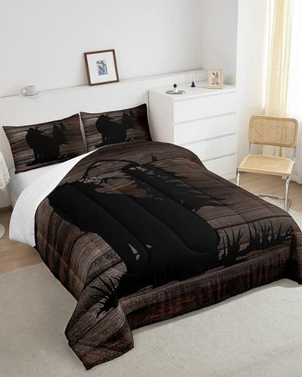Cute Wolf Comforter Set for Girls Kids Wolves Howling Bedding Set Room DecorAnimal Wolves Tree Wood Grain Bedding Set Brown Black Duvet Set 3Pcs with 2 Pillow Case King Size Boys - LeafyLoom