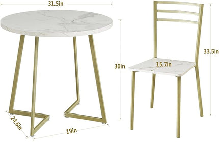 VECELO Small Round Dining Table Set for 2, Wood Marbled Tabletop with Steel Frame, Modern Dinette with Chairs for Kitchen Breakfast Nook Living Room, White and Gold - LeafyLoom