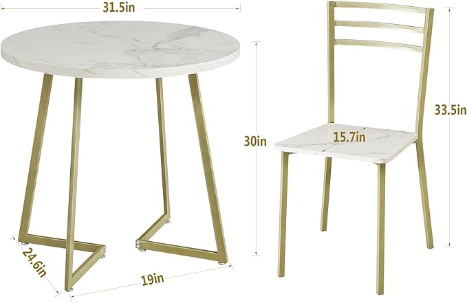 VECELO Small Round Dining Table Set for 2, Wood Marbled Tabletop with Steel Frame, Modern Dinette with Chairs for Kitchen Breakfast Nook Living Room, White and Gold - LeafyLoom