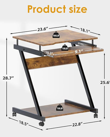 sogesfurniture Retro Computer Desk, Small Mobile Workstation with Keyboard Tray, Printer Shelf & Storage, 23.6x18.9x28.7 inches, Engineered Wood, for Home and Office - LeafyLoom