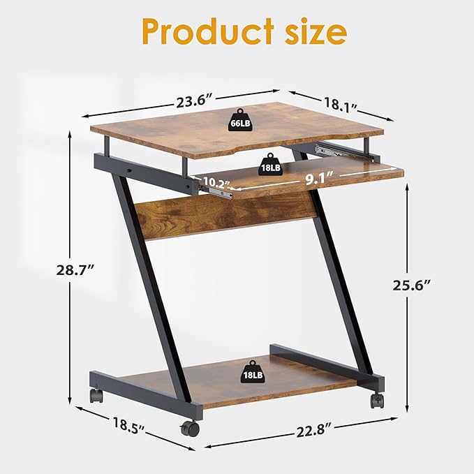 sogesfurniture Retro Computer Desk, Small Mobile Workstation with Keyboard Tray, Printer Shelf & Storage, 23.6x18.9x28.7 inches, Engineered Wood, for Home and Office - LeafyLoom