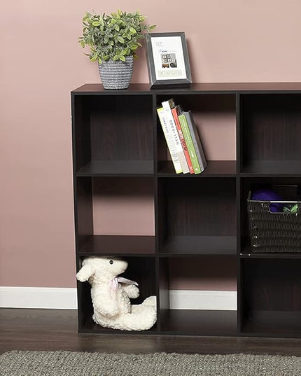 Home Basics 9-Cube Storage Organizer with 11" Shelf Opening Espresso MDF Bookcase and Display Shelf | Open and Closed Back Combination | Horizontal or Vertical Orientation - LeafyLoom