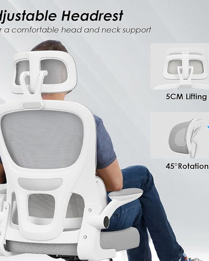 Soohow Ergonomic Home Office Chair, Mesh Desk Chair with Lumbar Support, Comfy Computer Desk Chair with Flip Armrest Rolling Wheels, Adjustable Headrest, Grey. - LeafyLoom