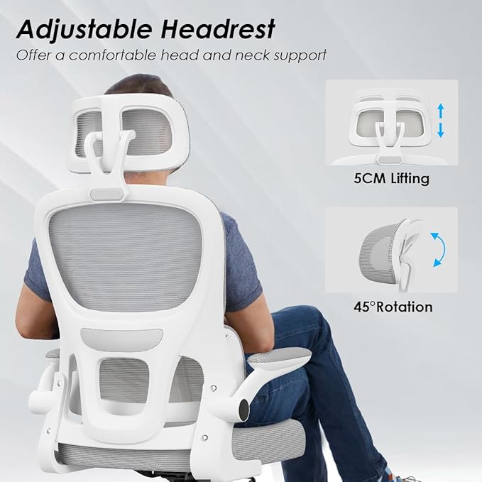 Soohow Ergonomic Home Office Chair, Mesh Desk Chair with Lumbar Support, Comfy Computer Desk Chair with Flip Armrest Rolling Wheels, Adjustable Headrest, Grey. - LeafyLoom