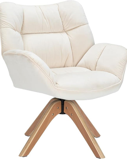 Fabric Accent Chair, Modern Cozy Vanity Chair with Wood Legs, Upholstered Single Boucle Armchair Single Sofa for Living Room Bedroom Office Guest Room Dining Room (Beige) - LeafyLoom