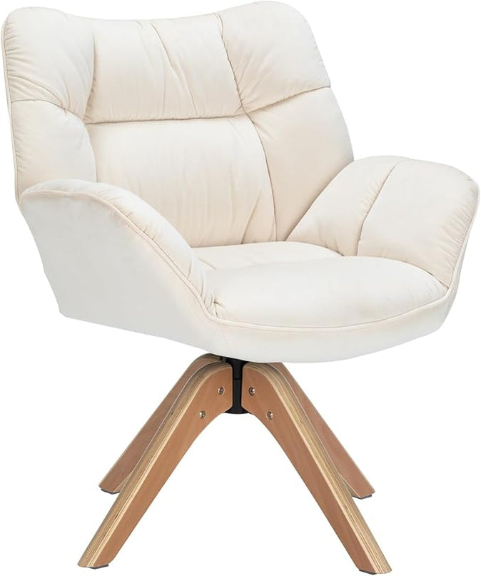 Fabric Accent Chair, Modern Cozy Vanity Chair with Wood Legs, Upholstered Single Boucle Armchair Single Sofa for Living Room Bedroom Office Guest Room Dining Room (Beige) - LeafyLoom