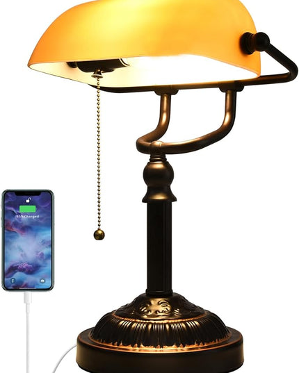 Rustic Desk Lamp Pull Chain, Traditional Bankers Desk Lamp with USB Port, Vintage Farmhouse Table Lamp for home office library - LeafyLoom