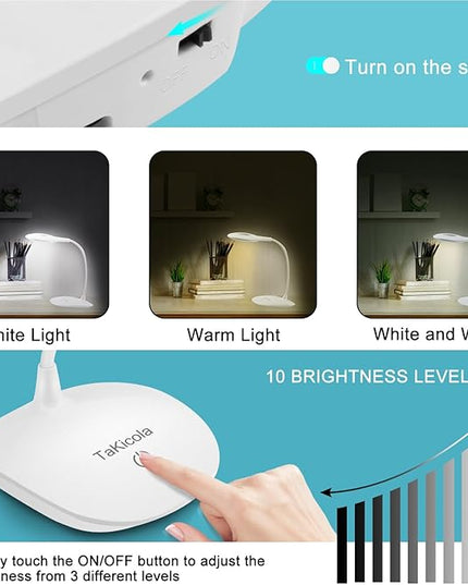 LED Desk Lamp Dimmable Table Light, 3 Modes, Stepless Brightness, Sensitive Control, Flexible 360° Adjustable Eye-Caring Office Read Lamp, Cordless USB Desk Light, White - LeafyLoom