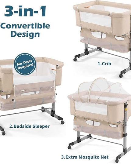 Baby Crib,3 in 1 Bedside Crib Adjustable Portable Bed for Infant,Baby Bassinet Baby Newborn Must Have Bed, Khaki - LeafyLoom