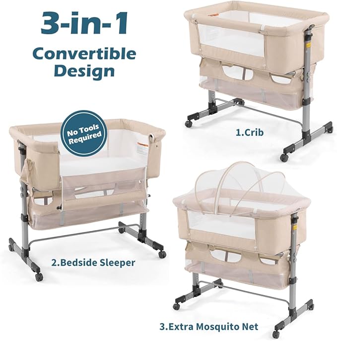 Baby Crib,3 in 1 Bedside Crib Adjustable Portable Bed for Infant,Baby Bassinet Baby Newborn Must Have Bed, Khaki - LeafyLoom