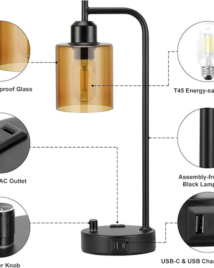 Industrial Bedside Lamps for Nightstand Set of 2 - Fully Dimmable Bedroom Lamps with USB A C Ports and Outlet, Black Table Lamps with Amber Glass Shade for Living Room, Desk Lamps for Office Reading - LeafyLoom