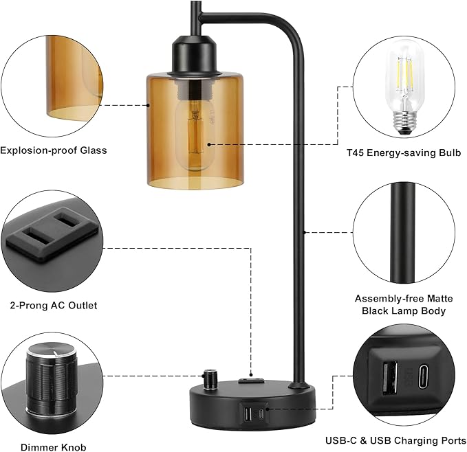 Industrial Bedside Lamps for Nightstand Set of 2 - Fully Dimmable Bedroom Lamps with USB A C Ports and Outlet, Black Table Lamps with Amber Glass Shade for Living Room, Desk Lamps for Office Reading - LeafyLoom