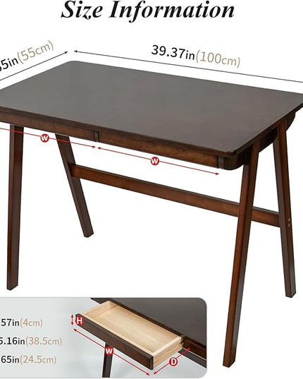 Computer Desk with Drawers, Solid Wood Writing Desk, Mid Century Modern Home Office Desks, Oak Study Table, Small Desk for Bedroom, 29.1 H x 39.4 W x 21.7 D Inches, Walnut - LeafyLoom