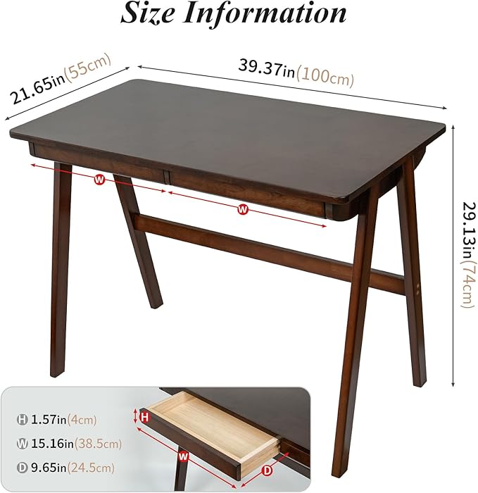 Computer Desk with Drawers, Solid Wood Writing Desk, Mid Century Modern Home Office Desks, Oak Study Table, Small Desk for Bedroom, 29.1 H x 39.4 W x 21.7 D Inches, Walnut - LeafyLoom