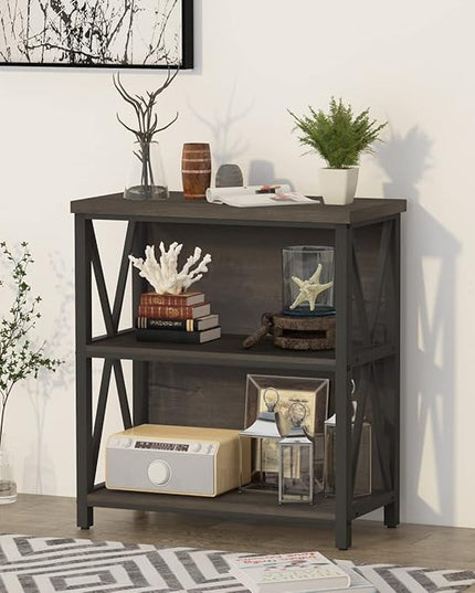FATORRI Rustic Short 2 Shelf Bookshelf, Industrial Low Wood Bookcase, Farmhouse Small Book Case for Small Space (Walnut Brown) - LeafyLoom