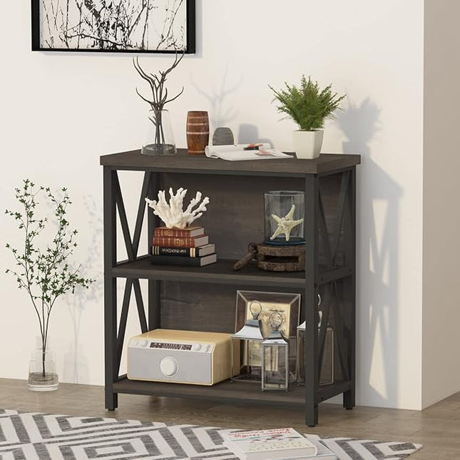 FATORRI Rustic Short 2 Shelf Bookshelf, Industrial Low Wood Bookcase, Farmhouse Small Book Case for Small Space (Walnut Brown) - LeafyLoom