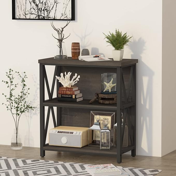 FATORRI Rustic Short 2 Shelf Bookshelf, Industrial Low Wood Bookcase, Farmhouse Small Book Case for Small Space (Walnut Brown) - LeafyLoom