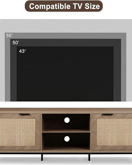 Anmytek Rattan TV Stand for 65 Inch TV Mid Century Modern Entertainment Center with Natural Rattan Door & Herringbone Texture Large TV Console Table for Living Room, Natural Oak - LeafyLoom