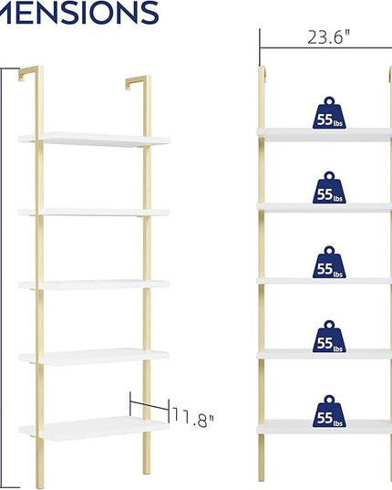 NUMENN 5 Tier Book Shelf, Industrial Ladder Shelf, Open Space Wall Mount Bookshelf with Metal Frame, Sturdy Book Shelves, Bookcase for Living Room, Home Office Shelf, White/Gold - LeafyLoom