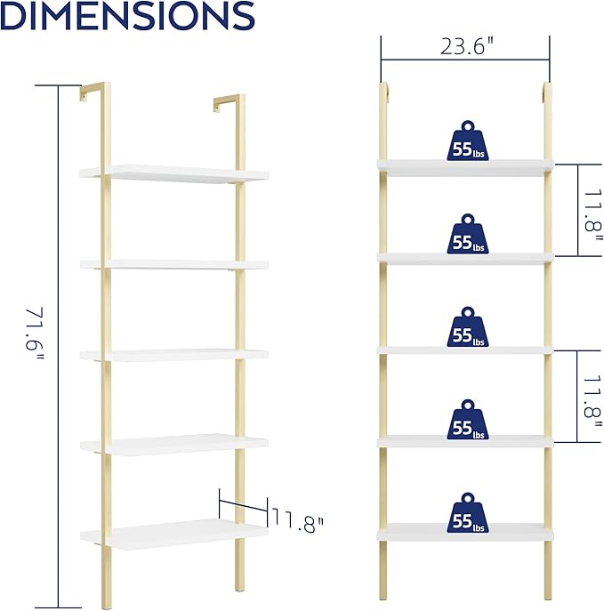 NUMENN 5 Tier Book Shelf, Industrial Ladder Shelf, Open Space Wall Mount Bookshelf with Metal Frame, Sturdy Book Shelves, Bookcase for Living Room, Home Office Shelf, White/Gold - LeafyLoom