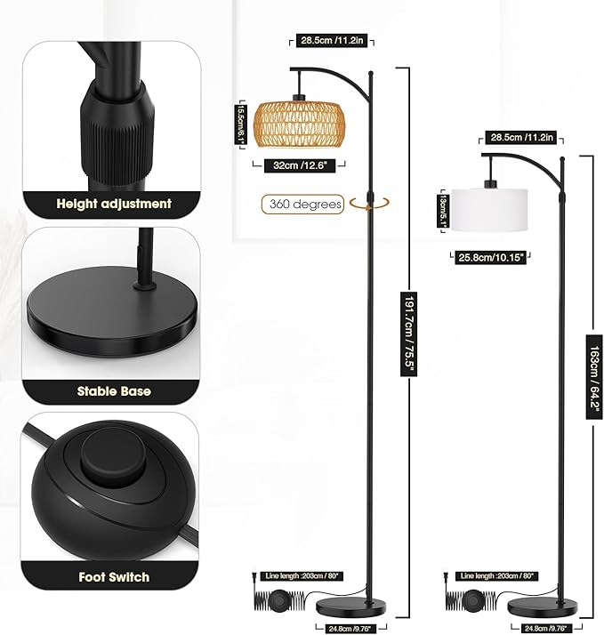 Arc Floor Lamp with Remote & App Control, 10 Color Modes, 10 Dimmable Brightness, Boho Tall Standing Lamps with LED Smart Bulb, Rattan & Fabric Double Drum Shade for Living Room Bedroom Office - LeafyLoom