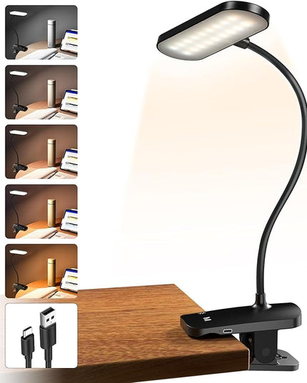 Clip on Desk Lamp, Battery Powered Reading Light with Strong Clamp - 5 Colors 5 Brightness, USB Rechargeable Portable Cordless Book Lamp for Bed Headboard Table Bedside Home Office (Black) - LeafyLoom