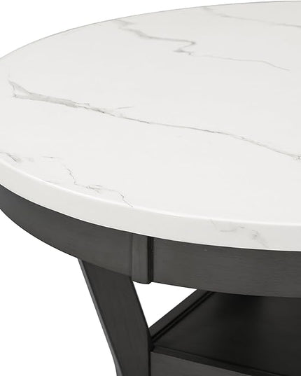 5-Piece Retro Round Dining Table Set with Faux Marble Veneer and Bottom Shelf, 4 PU Leather Upholstered Chairs, for Kitchen, Breakfast Nook, Bar, Living Room, Gray, 35" L x 35" W x 30" H - LeafyLoom