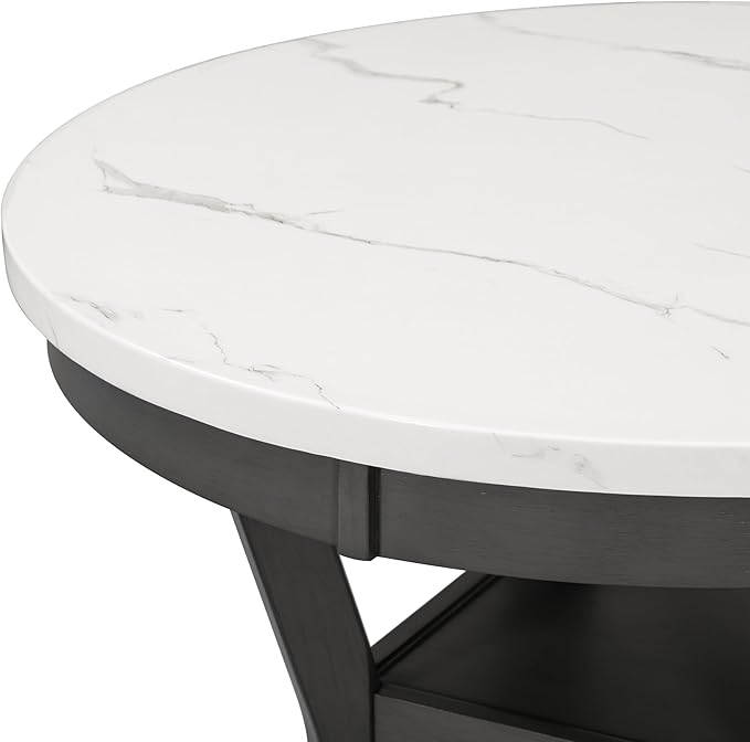 5-Piece Retro Round Dining Table Set with Faux Marble Veneer and Bottom Shelf, 4 PU Leather Upholstered Chairs, for Kitchen, Breakfast Nook, Bar, Living Room, Gray, 35" L x 35" W x 30" H - LeafyLoom