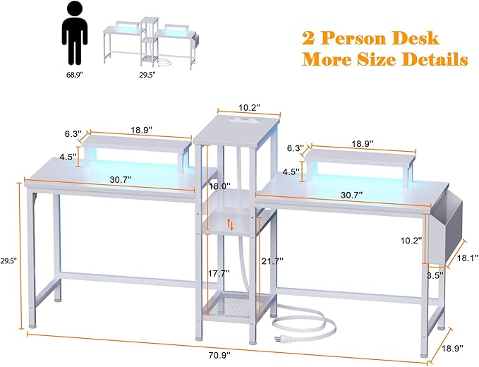 Furologee 2 Person Gaming Desk with LED Lights, 71 Inch Computer Desk with Power Outlets and Monitor Stand, Double Desk with Storage Bag and Headphone Hooks, Study Writing Table for Home Office, White - LeafyLoom