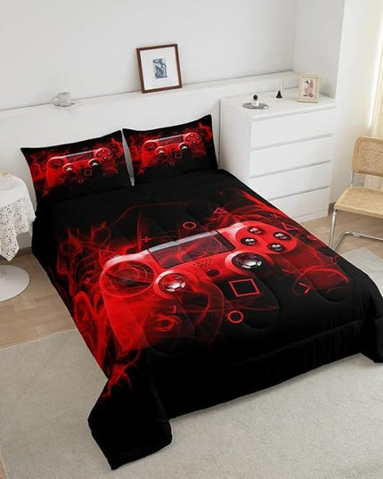 Feelyou Kids Gaming Comforter Set Queen Size Gamer Bedroom Decor for Boys Girls Teens Video Game Controller Bedding Set Youth Gaming Console Comforter Red Black Geometry with 2 Pillow Case - LeafyLoom