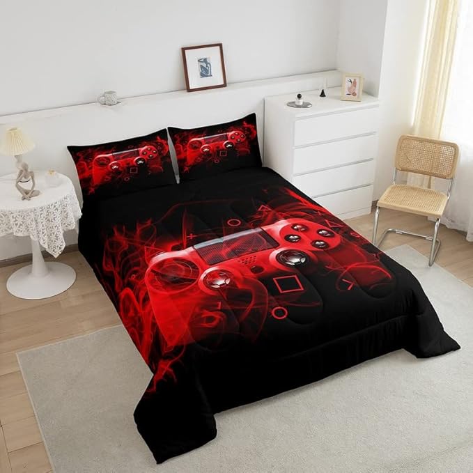 Feelyou Kids Gaming Comforter Set Queen Size Gamer Bedroom Decor for Boys Girls Teens Video Game Controller Bedding Set Youth Gaming Console Comforter Red Black Geometry with 2 Pillow Case - LeafyLoom