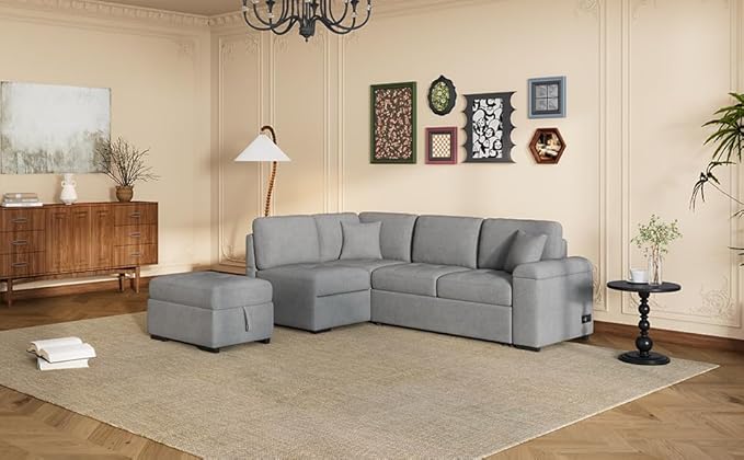 Convertible Sleeper Sectional Sofa with Pull Out Bed and Movable Ottoman, L Shaped Reversible Couch with Hidden Arm Storage & USB Charge, 4 Seat Corner Sofa&Couches for Living Room, Gray 87.4" - LeafyLoom