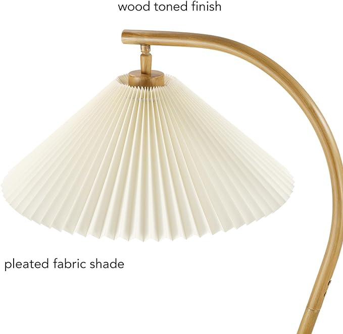 Globe Electric Novogratz x 61000043 Novogratz x Globe 62" Floor Lamp, Faux Wood Finish, White Pleated Fabric Shade, Pivot Joint on Shade, in -Line On/Off Foot Switch, Black Cord, Reading Lamp - LeafyLoom