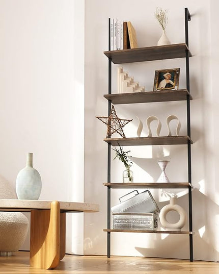 aboxoo Ladder Shelf Open Bookshelf 5-tier Wood Wall-mounted Bookcase Storage Rack Open back Industrial Modern Plant Flower Stand Utility Organizer Bookcase Metal Frame Furniture Office Kitchen Bedroom - LeafyLoom
