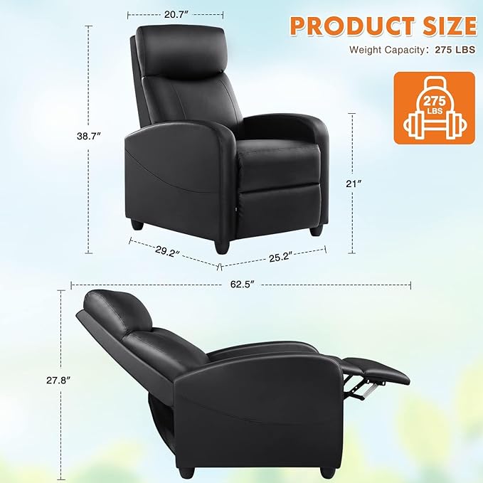 Sweetcrispy Recliner Chair for Adults, Massage PU Leather Small Recliner Home Theater Seating with Lumbar Support, Modern Reclining Chair with Padded Seat Backrest, Living Room, Black - LeafyLoom