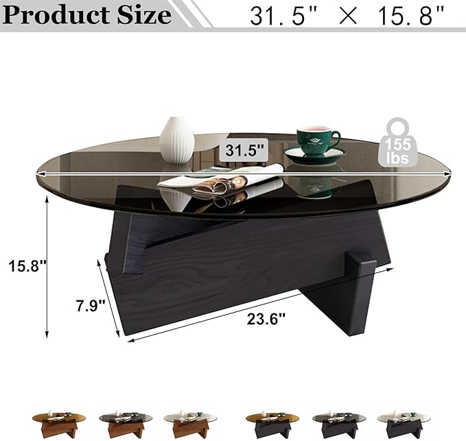 Coffee Table, Round Coffee Table for Living Room Modern Glass Coffee Table with Solid Wood Legs Farmhouse Mid Century Center Table Large Circle Cocktail Table (Black + Brown, 31.5in) - LeafyLoom