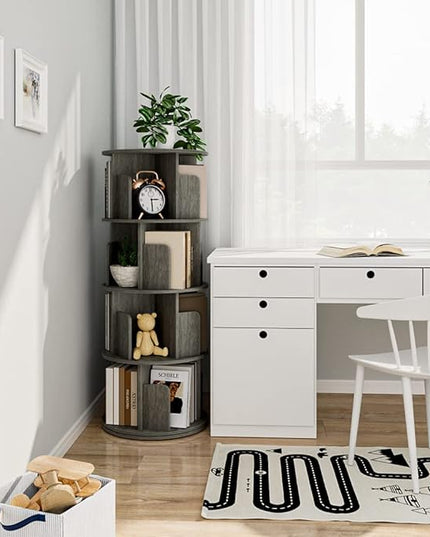 OTK Rotating Bookshelf, 360° Display Standing Book Shelf Organizer, 4 Tier Wooden Corner Bookshelves for Small Space, Small Bookcase Storage Rack for Kids' Room, StudyRoom, Bedroom, Black Oak - LeafyLoom