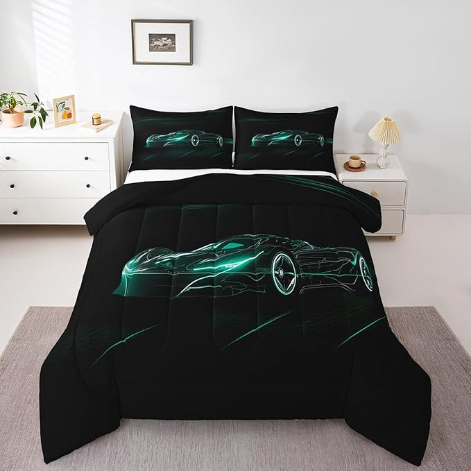 Feelyou Teal Race Car Bedding Set King Size for Kids Boys Extreme Sport Games Comforter Set Teens Toddler Fast and Furious Duvet Set Cool Modern Quilt Set 3Pcs - LeafyLoom