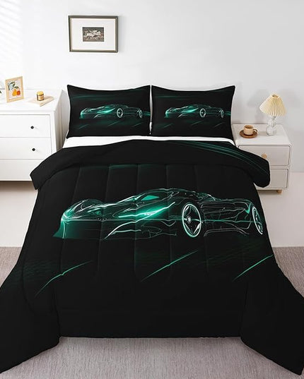 Feelyou Teal Race Car Bedding Set Twin Size for Kids Boys Extreme Sport Games Comforter Set Teens Toddler Fast and Furious Duvet Set Cool Modern Quilt Set 2Pcs - LeafyLoom