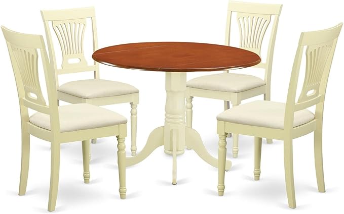 East West Furniture Dublin 5 Piece Dinette Set for 4 Includes a Round Table with Dropleaf and 4 Linen Fabric Dining Room Chairs, 42x42 Inch, Buttermilk & Cherry - LeafyLoom