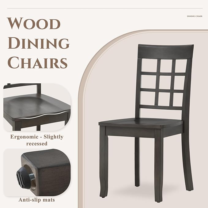 COLAMY Wooden Dining Chairs Set of 4, Nine-Square High Back Kitchen Side Chair, Farmhouse Dining Chairs for Kitchen and Dining Room, Dark Grey - LeafyLoom
