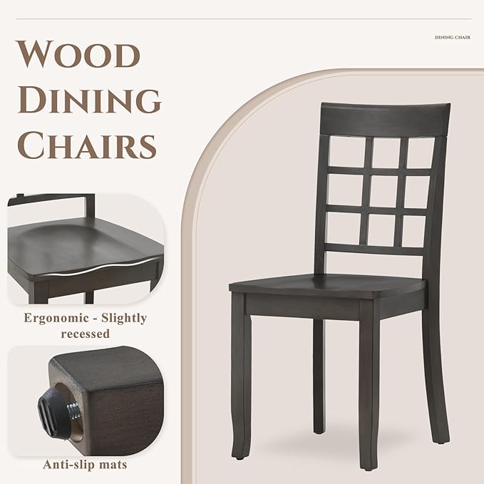 COLAMY Wooden Dining Chairs Set of 6, Nine-Square High Back Kitchen Side Chair, Farmhouse Dining Chairs for Kitchen and Dining Room, Dark Grey - LeafyLoom