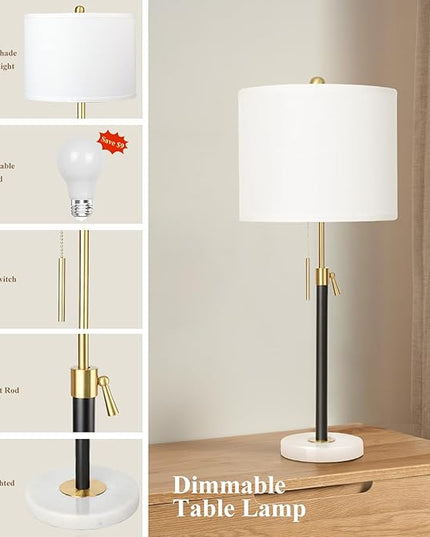 Black and Gold Table Lamps Set of 2: 22" to 30" Height Adjustable Nightstand Lamps with White Linen Shade | Pull Chain Switch | Marble Base - 3 Way Dimmable Beside Lamp for Bedrooms Living Room - LeafyLoom