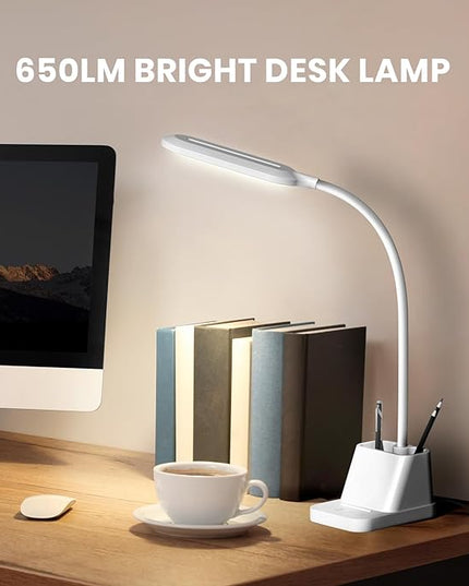 AXX White Desk Lamp, Gooseneck LED Desk Lamp for Kids - Desk Lights for Home Office - USB Charging Port, 650LM, Modern, Pen Holder - Reading Lamp for Bedroom Study Lamp for College Dorm Room - LeafyLoom