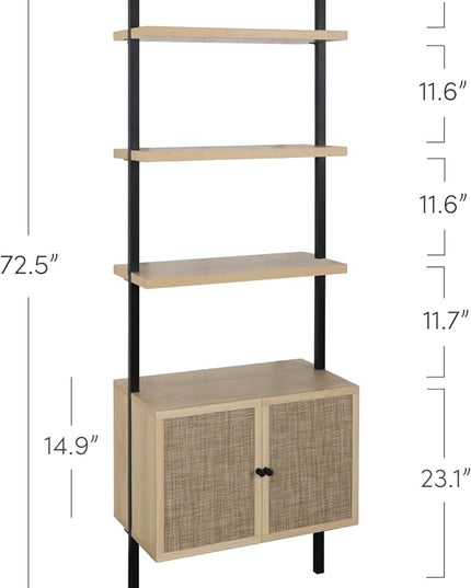 Nathan James Theo Ladder 3 tier Open Bookshelf with Rattan Drawers and Matte Steel Frame, Light Oak/Black - LeafyLoom
