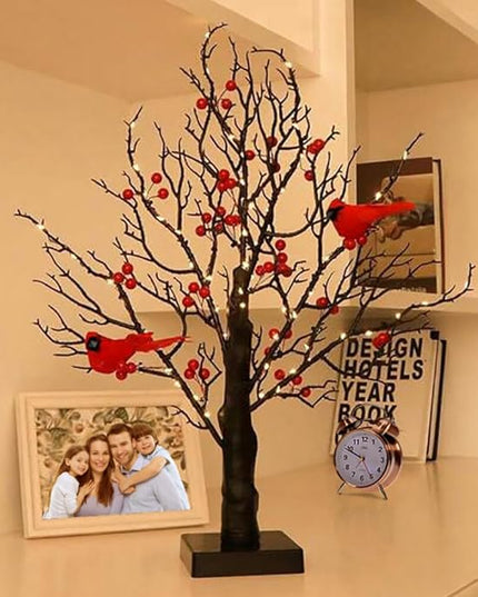 21in Black Birch Tree with 60 Led Lights, Twinkle Tree Lamp with Lighted Branches, Fairy Light Spirit Tree with 2 Red Birds for Room Decor, Easter, Halloween, Thanksgiving, Christmas, New Year, etc. - LeafyLoom