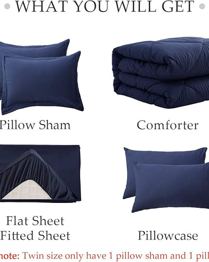 NexHome King Bed in a Bag 7-Pieces Navy Comforter Sets with Comforter and Sheets Soft All Season Bedding Sets with Comforter, Pillow Shams, Flat Sheet, Fitted Sheet and Pillowcases - LeafyLoom
