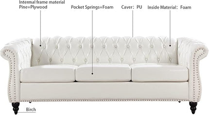 3-Seaters Living Room Clasic Chesterfield Sofa Couch Button Tufted PU Leather Upholstered Sofa&Couch with Luxury Roller Armrest Soild Wood Legs Movable Cushions & Nailhead Decor - LeafyLoom