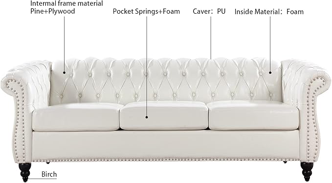 3-Seaters Living Room Clasic Chesterfield Sofa Couch Button Tufted PU Leather Upholstered Sofa&Couch with Luxury Roller Armrest Soild Wood Legs Movable Cushions & Nailhead Decor - LeafyLoom