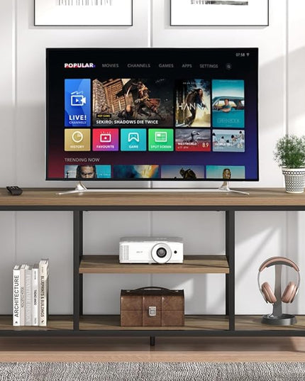 FOLUBAN TV Stand for TV up to 65 inch, Rustic Wood and Metal Entertainment Center with Storage Shelves, Modern Industrial Media TV Console Table for Living Room, Oak 55 inch - LeafyLoom